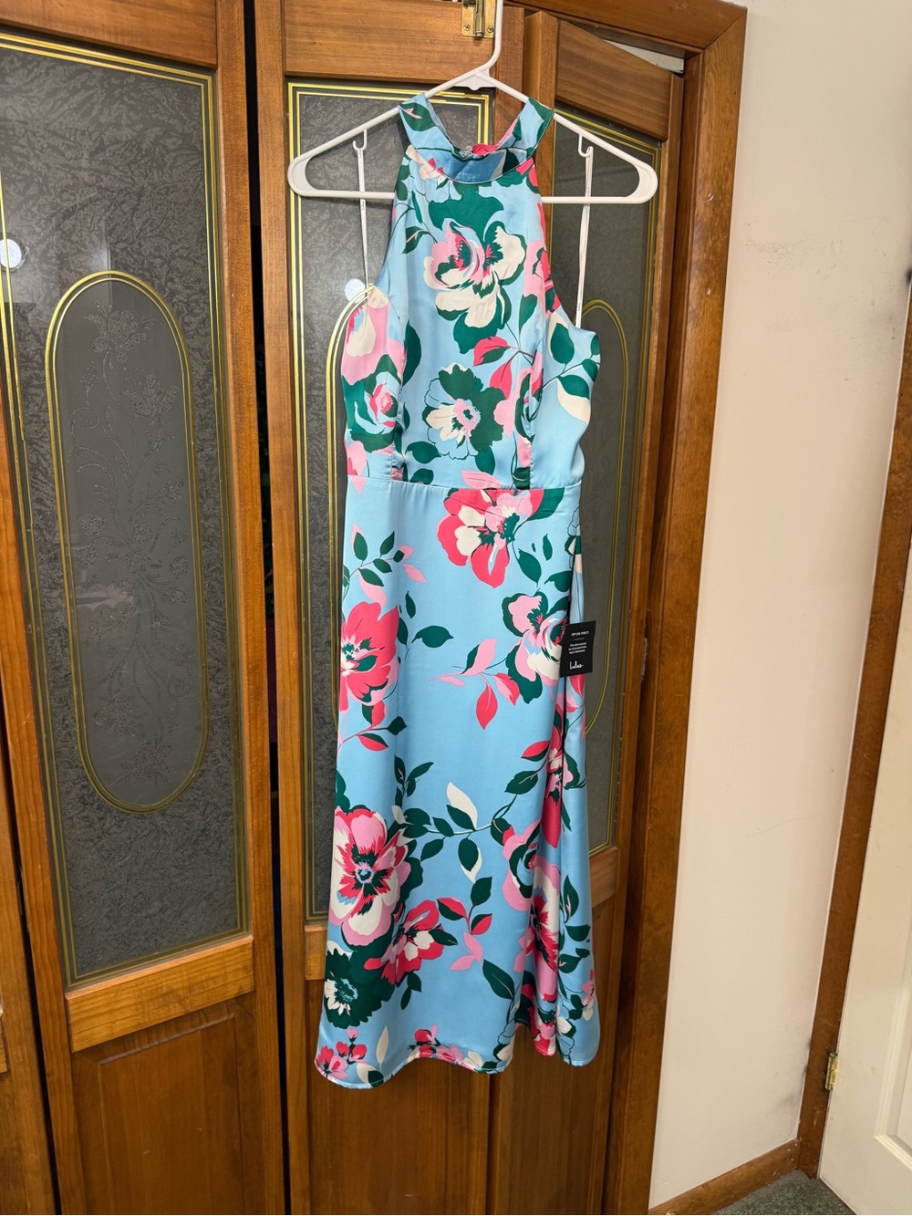 LULUS LADIES Floral Halter Midi Dress in Light Blue, BRAND NEW